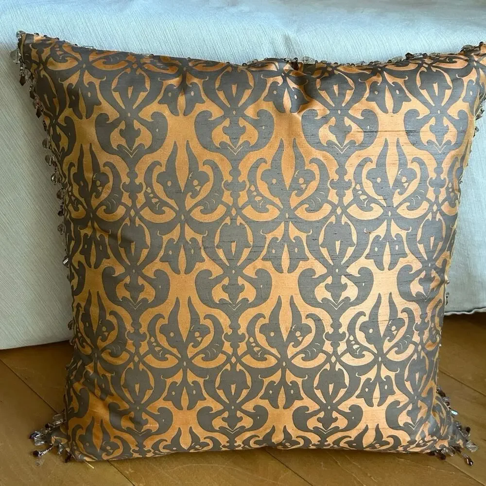 Bronze and gray silk jacquard throw pillow trellis pattern and beaded edge trim